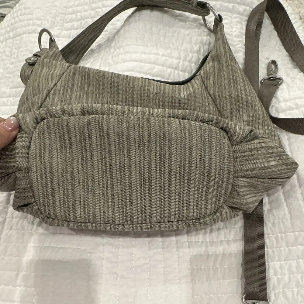 Haiku Gray Striped Shoulder Bag Adjustable Detachable Strap Pockets Zip